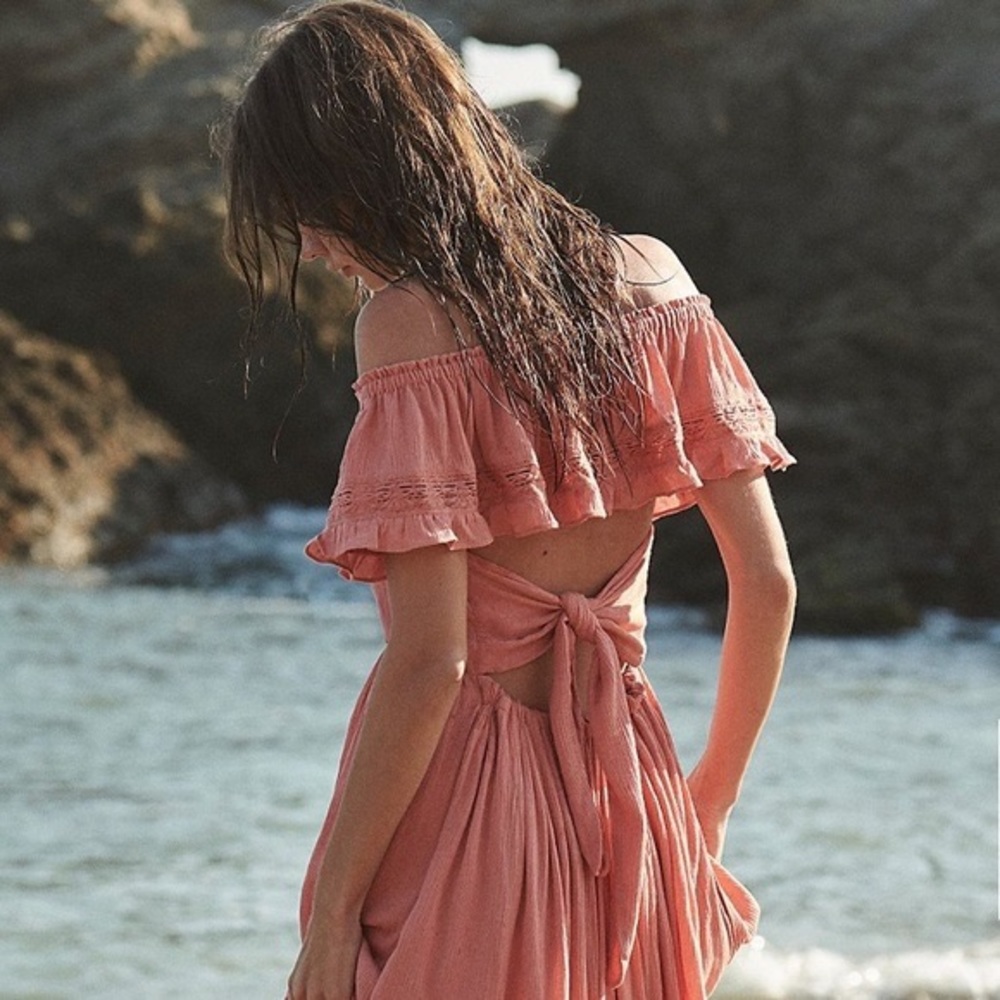 Free People Moonlight Ocean Open Back Ruffle Romantic Off Shoulder Maxi Dress - Picture 4 of 7